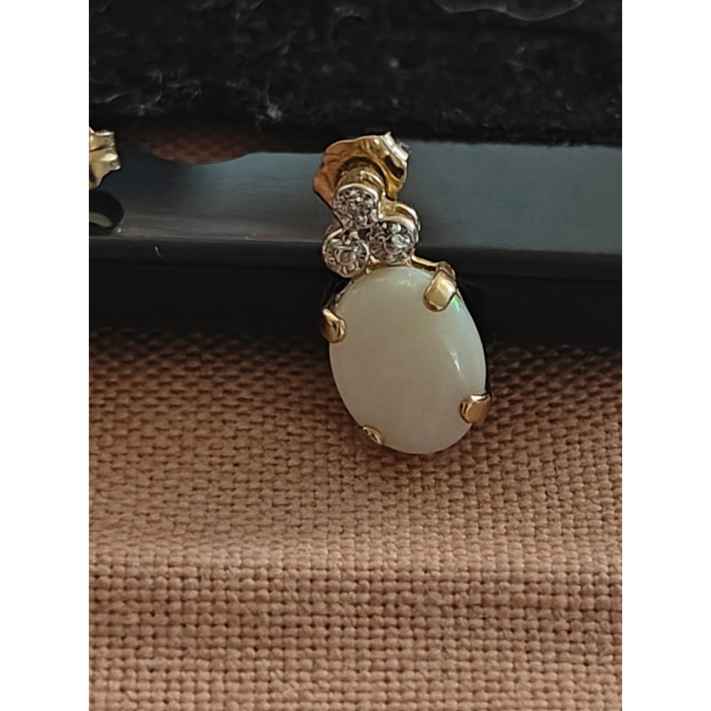 14k Yellow Gold Oval Opal and Diamond Accent Drop Earrings Vintage Style - Picture 2 of 6